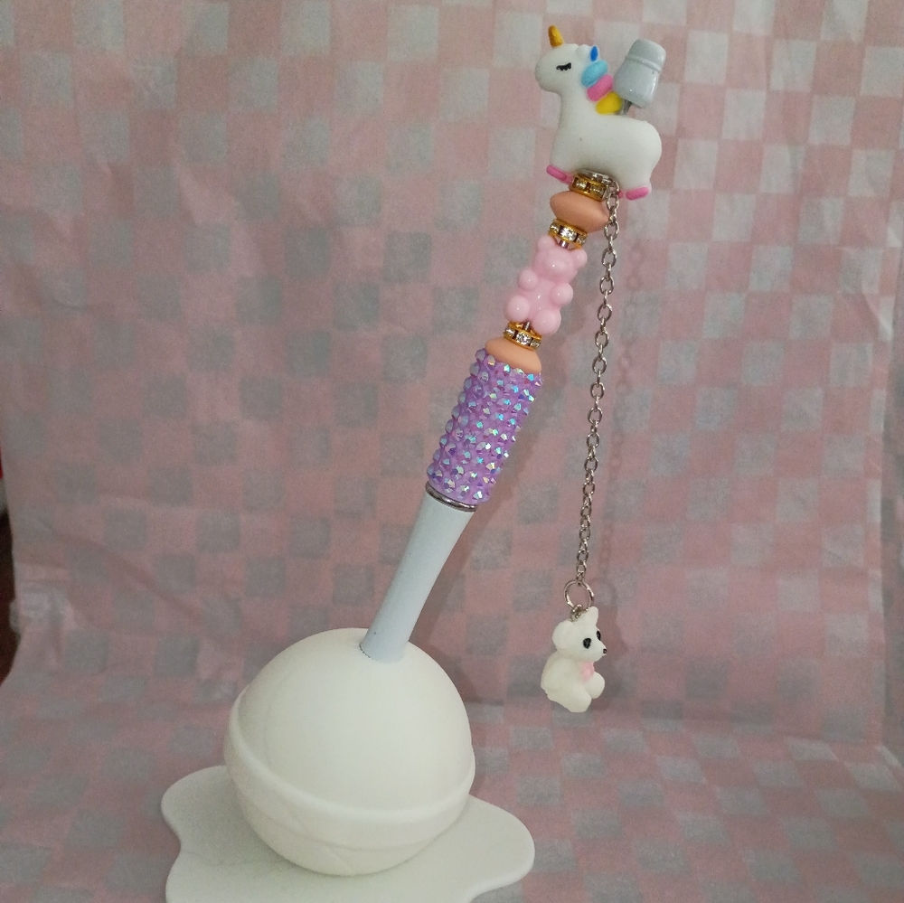 Kawaii Pink & White Decorative Pen with Bear Charm